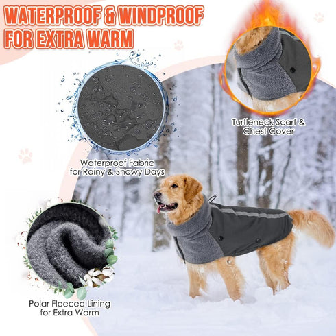 SlowTon Winter Dog Coat, Waterproof Windproof Puppy Vest with Turtleneck Scarf, Soft Pet Outfits, M, Grey