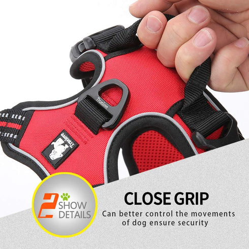 Soft Front Dog Harness, Best Reflective No Pull Harness with Handle and 2 Leash Attachments in Red