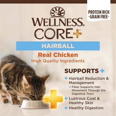 Wellness CORE+ Hairball Grain-Free High Protein Adult Dry Cat Food, Chicken and Chicken Meal Recipe, 4.75 Pound Bag