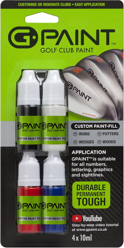 Golf Club Paint - Touch Up, Fill in, Customize Clubs - 4 Pack of 10ml Bottles in Black, White, Red & Blue