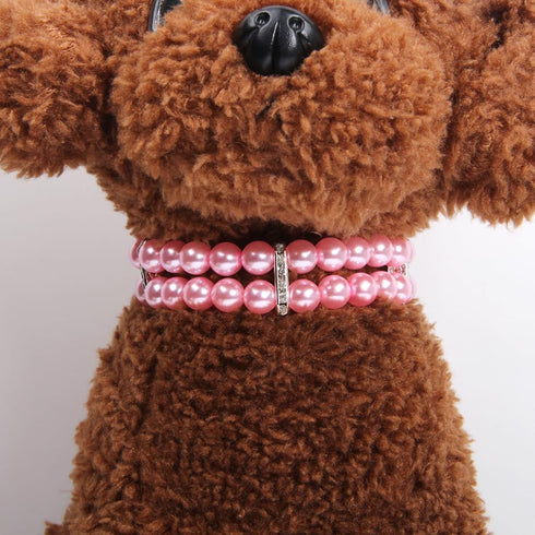 2 Rows Pearls Pet Dog Necklace Collar - Bling Accessories for Puppy Jewelry, Handmade Adjustable (Pink, Extra Small)