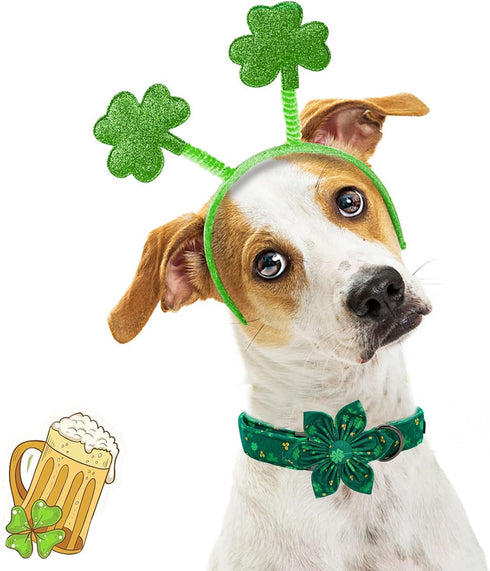 Elegant little tail St. Patrick's Day Dog Collar - Adjustable Green Clover Flower Collar for Small Dogs