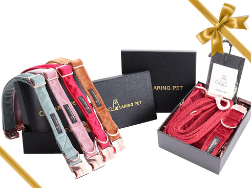 ARING PET Velvet Dog Collar Set, Cute Adjustable Christmas Red Collar and Leash with Metal Buckle for Small, Medium,