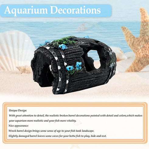 1pcs Aquarium Decorations, Resin Broken Barrel Fish Tank Ornament for Fish Cave Hide Hut (Black)