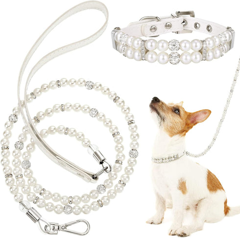 Weewooday 2 Pcs Dog Wedding Collar with Leash - Pearl Necklace Collar and Beaded Leash for Pet Cat Bridal