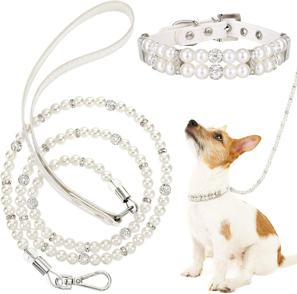 Weewooday 2 Pcs Dog Wedding Collar with Leash - Pearl Necklace Collar and Beaded Leash for Pet Cat Bridal