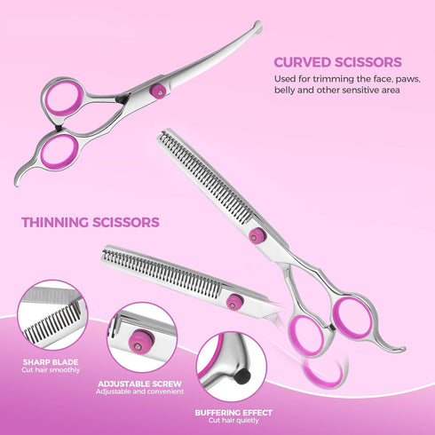 Maxshop Dog Grooming Scissors Set of 3, Heavy Duty Titanium Trimmer Kit with Safety Round Tips for Dogs and Cats (Pink)