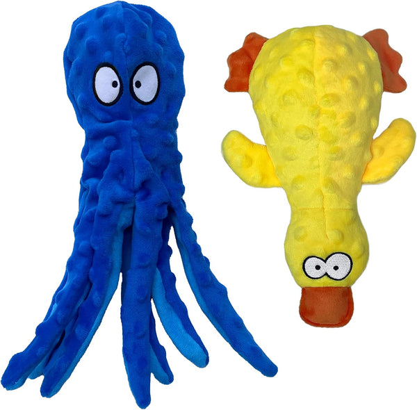 Squeaky Dog Toys for Small, Medium, and Large Breeds, Tough Durable Soft Crinkle Plush Puppy Toys (Octopus+Ducky) 2 Pack