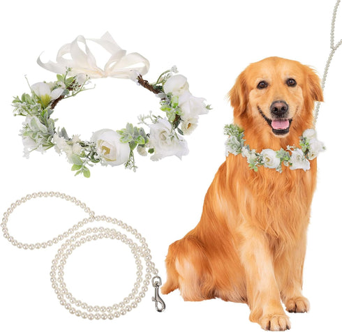 Dog Wedding Flower Collar with Pearls Beaded Leash, Elegant Flower Headband, Dog Wedding Attire (Large)