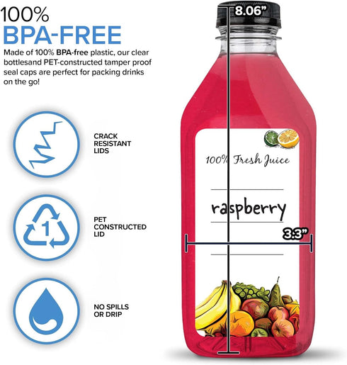 32 Oz (6 Pack) Juice Bottles with Caps - Reusable Clear Plastic Drink Containers for Mini Fridge - Water Bottles Bulk
