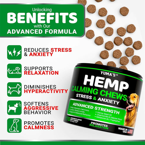 YUMA'S (2 Pack) Hemp Calming Chews for Dogs, Advanced Dog Calming Treats, 340 Chews for Anxiety Relief and Stress