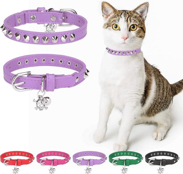 Leather Cat Collars for Boy & Girl Cats - Adjustable Safety Elastic Belt with Bell, Skull Charm, Purple