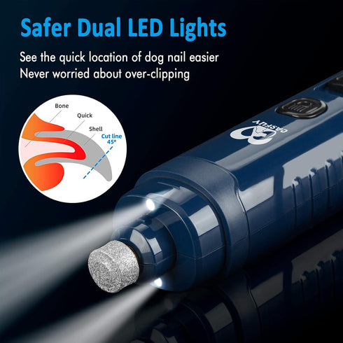 Casfuy Dog Nail Grinder with 2 LED Light - 4.8V Powerful 2-Speed Electric Nail Trimmer for Medium Large Dogs