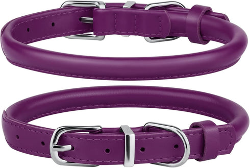 BRONZEDOG Rolled Leather Dog Collar, Plum (L: 16-18 Inch) with QR ID Tag for Small Medium Large Dogs