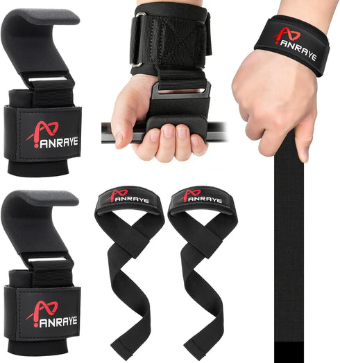 Weight Lifting Hooks & Wrist Straps Set Lifting Hooks with Anti-Slip Grip,