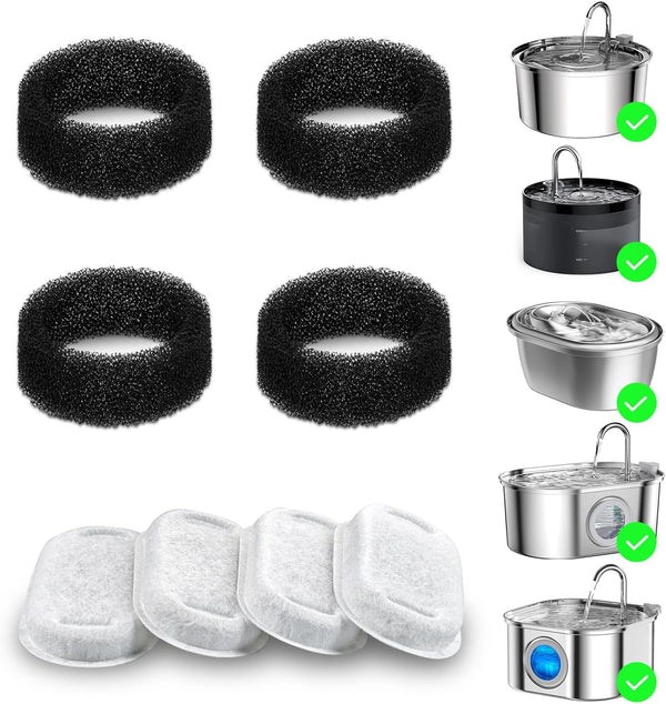 8 Pack Cat Water Fountain Filter Replacement, 4 Carbon Filters & 4 Pre-Filter Sponges for Stainless Steel Fountain
