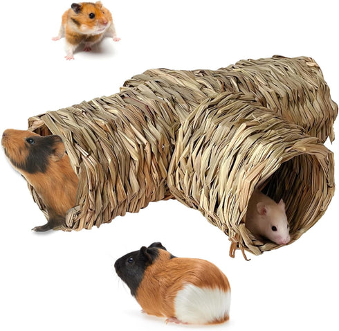 Hamiledyi Nature's Hideaway Hamster Grass Tunnel Toy, Open Entrance Straw House for Guinea Pigs, Hamsters, and Birds