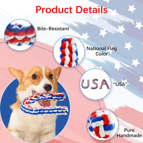 Vehomy 4th of July Dog Toys, USA Shape Chewing Toys, Cotton Rope Toys for Small Medium Dogs, Patriotic Interactive Toy