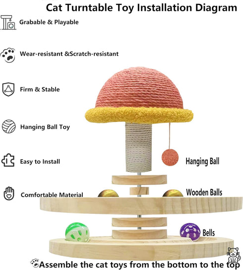 2 Cat Scratching Post with Hanging Ball,Cat Turntable Ball Toy,Cat Mushroom Sisal Scratcher,Kitten Layer Wooden Track