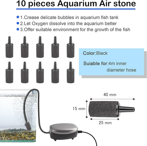 32.8 feet Aquarium Airline Tubing Hose, 10 Air Stones and Check Valves for Fish Tank