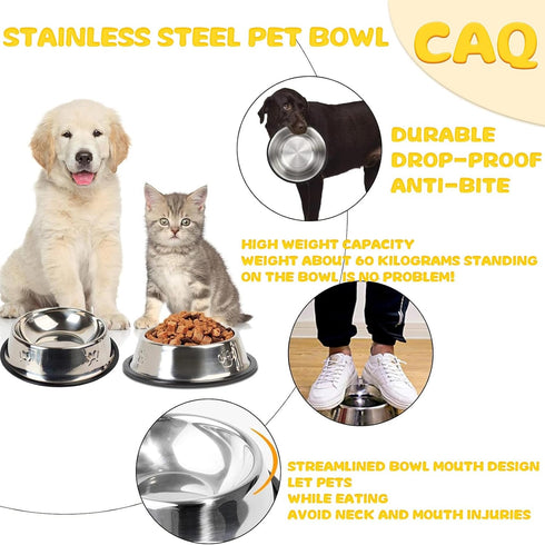 CAQ Dog Cat Bowls Stainless Steel, Small Food Water Bowl Set for Indoor Pets, Non-Slip Removable Rubber Base, Set of 2