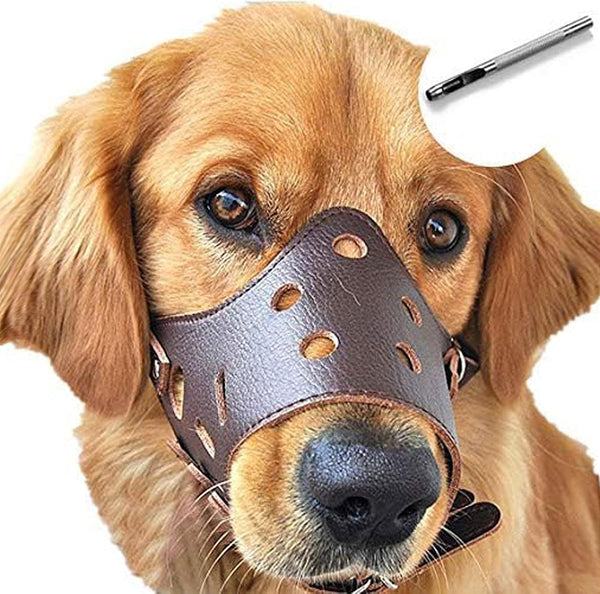 BARKLESS Leather Dog Muzzle, Soft Secure Anti-Barking Muzzle for Medium Dogs, Breathable and Adjustable