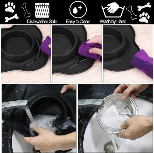 AsFrost Dog Food Bowls - Stainless Steel Pet Bowls with No-Spill and Non-Skid, Black, 12oz