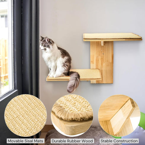 2 2 Cat Wall Shelves, Wall Mount Adult Cat Tree with Steps Sisal Scratch Mats, Solid Wood Kitten Bed Pet Climber