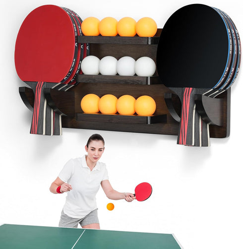 ikkle Wall Mounted Ping Pong Paddle Holder for 6 Paddles and 12 Balls, Table Tennis Racket Display Organizer