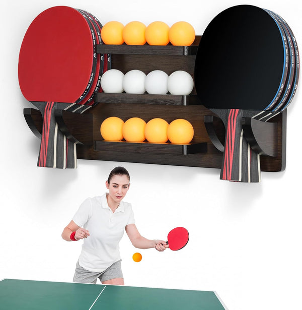 ikkle Wall Mounted Ping Pong Paddle Holder for 6 Paddles and 12 Balls, Table Tennis Racket Display Organizer