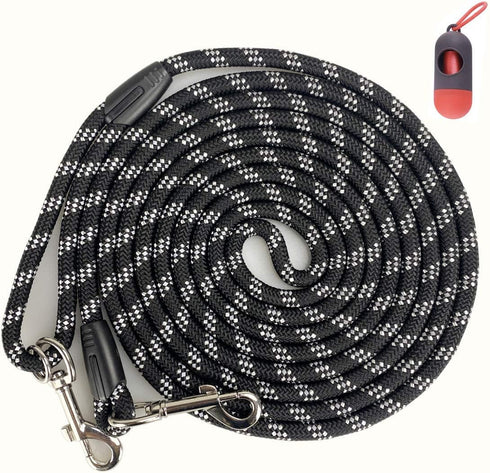Long Rope Dog Leash for Dog Training 12FT 20FT 30FT 50FT, Reflective Threads Dog Cat Leashes Tie-Out Check Cord Recall Training Agility Lead for Large Medium Small Dogs (Black, 10mm*30ft)