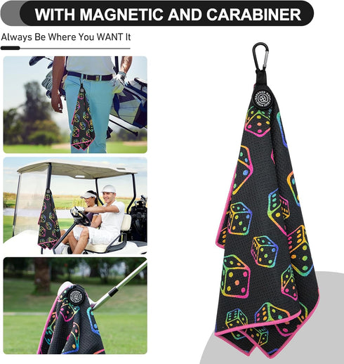 Magnetic Golf Towel for Men Women | Microfiber Towel with Waffle Texture | Strong Hold to Metal Objects (Black Rainbow