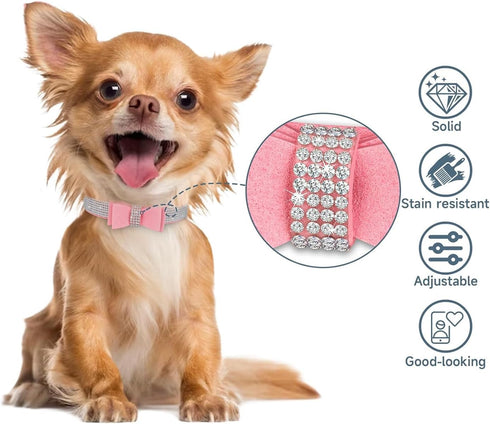 Rhinestone Bowtie Dog Collar for Girls Boys, Cute Dazzling Soft Suede Leather Bling Collars for Small Medium Large Dogs