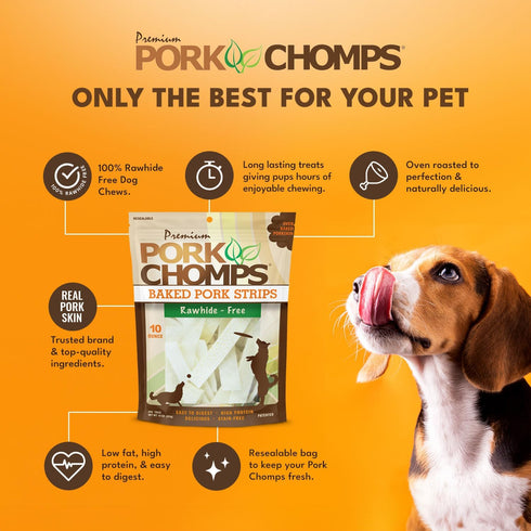 4-inch 10oz Pork Chomps Baked Pork Skin Dog Chews, strips, Bag