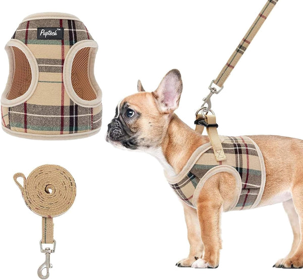 PUPTECK Soft Mesh Dog Harness and Leash Set, Step-in Plaid Puppy Padded No Pull Vest for XS Small Medium Dogs, Beige