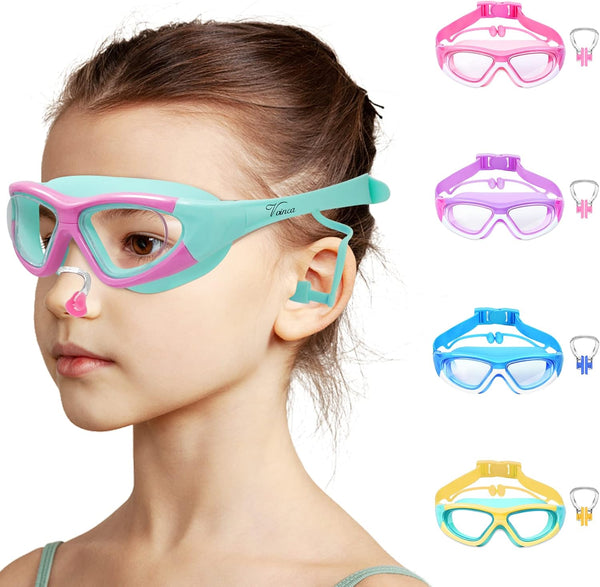 Vvinca Kids Swim Goggles, 2024 Upgraded Design with Ear & Nose Plug, Wide View Anti-Fog No Leak Water Pool Goggle for