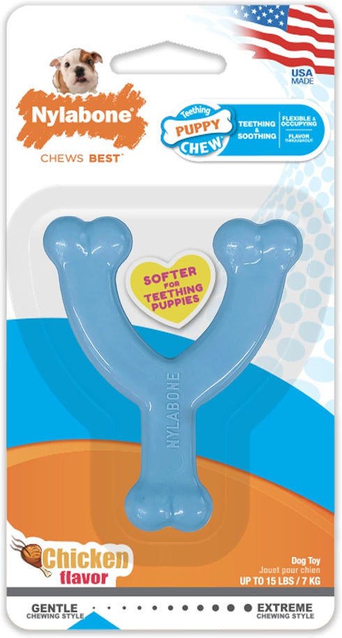 Nylabone Wishbone Puppy Chew Toy, Blue, Chicken Flavor, X-Small - For Teething Puppies Up to 15 lbs, 1 Count