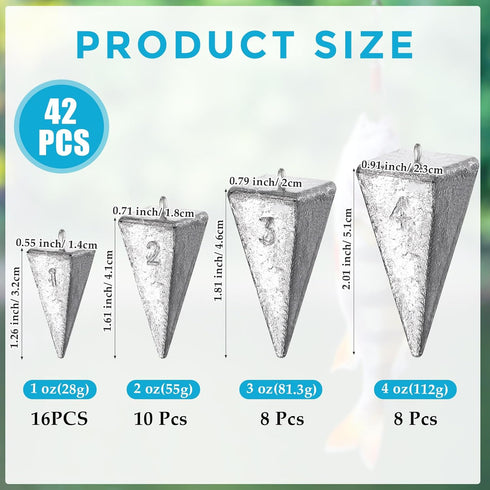 Hiboom 42 Pcs Pyramid Sinker Weights for Fishing Kit, 1 oz 2 oz 3 oz 4 oz Fishing Weights Rig for Ocean Surf Fishing