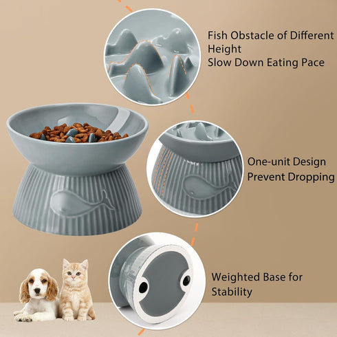 Elevated Slow Feeder Bowl for Cats and Small Dogs, Ceramic Anti-Tipping & Spill-Proof, Easy to Clean, No Black Chin