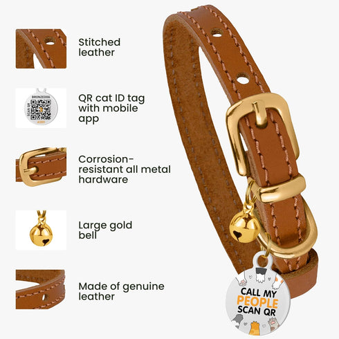 BRONZEDOG Leather Cat Collar with Removable Bells, Non-Breakaway Kitten QR Tag for Girl Boy, Light Brown & Gold (7" -