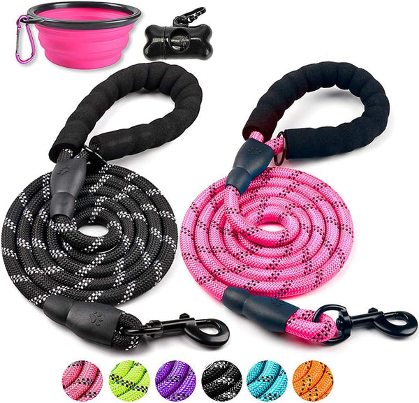 2 Pack Dog Leash 5 FT Thick Durable Nylon Rope with Padded Handle, Reflective Leash for Medium Large Dogs (Black+Pink)