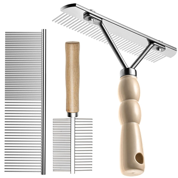 Undercoat Rake for Dogs, 3 Pack Grooming Brush Set with Long Tooth Rake, Double-Sided Comb & Stainless Steel Shedding