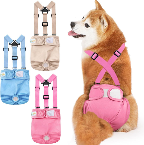 Idepet Female Dog Diapers with Suspender Detachable, 3 Pack Washable Reusable Girl Doggie