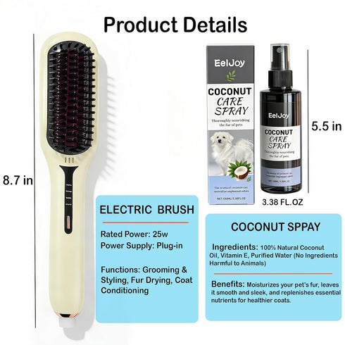 2-in-1 Electric Pet Grooming Brush with Coconut Oil Conditioner Spray, Professional Hair Styling Tool for Medium