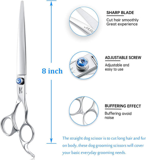 JASON 8" Straight Dog Grooming Scissors - Long Pets Grooming Shears with Offset Handle and Jewelled Screw