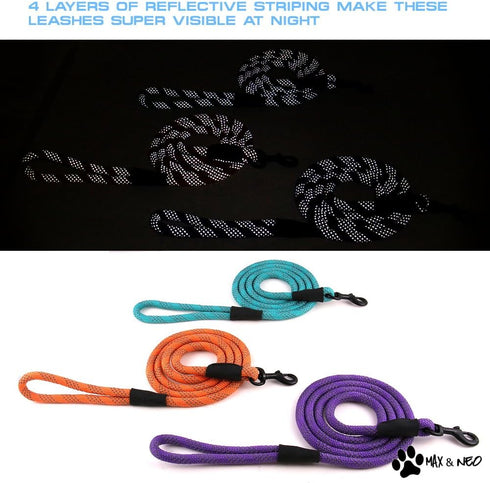 Max and Neo Reflective Rope Leash 6 Foot - We Donate a Leash to Dog Rescue for Every Leash Sold (Pink)