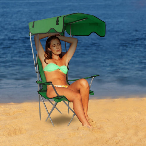 50+ 350LB TeqHome Camping Chair with Canopy, Outdoor Folding Lounge Chair with Adjustable UPF Sun Shade & Cup Holder