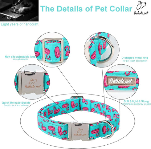 Cotton Dog Collar for Medium Dogs, Adjustable Cute Boy Girl Collar with Metal Buckle, Summer Flamingo