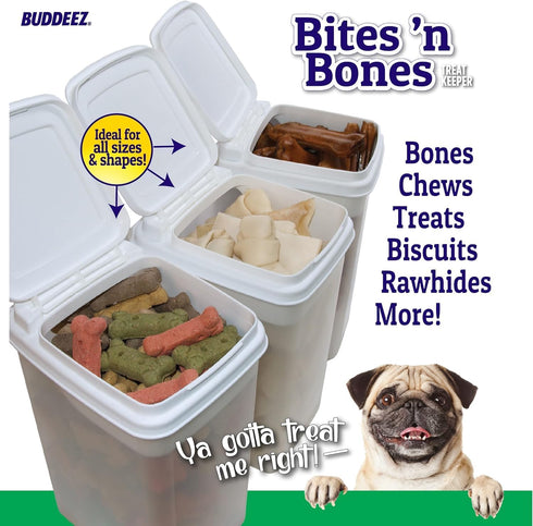 3.5 Buddeez Pet Treat Container for Dogs and Cats - Quart Flip Top Storage Bin - Bites And Bones Design - Airtight Food