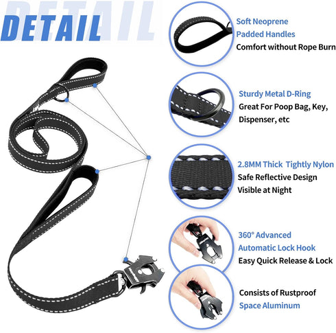 Strong Heavy Duty Dog Leash - 6ft Reflective Nylon Training Leash with Soft Padded Double Handle for No Pull Walks